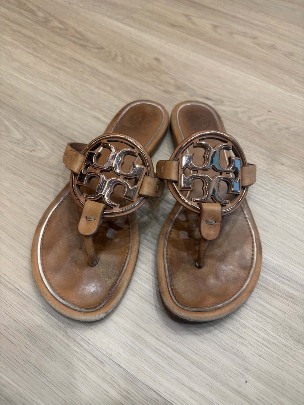Tory Burch brown sandals with rose gold hardware
